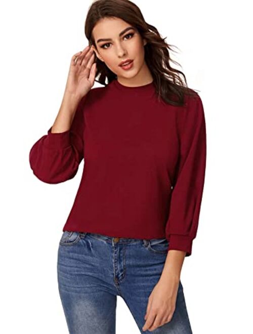 SheIn Women's 3/4 Long Sleeve Casual Office Blouse for Work Round Neck Top Plain Shirt