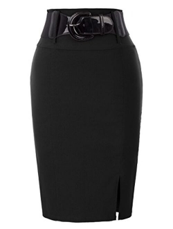 Women's High Waisted Pencil Skirts Slit Office Business Pencil Skirt with Belt