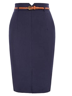 Women's High Waisted Pencil Skirts Slit Office Business Pencil Skirt with Belt