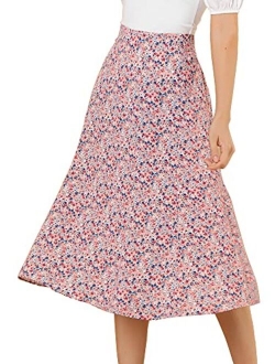 Women's Floral Midi Skirt Peasant Elastic Waist A-Line Ditsy Leave Print Skirts