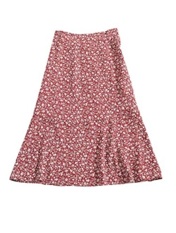 Women's Floral Midi Skirt Peasant Elastic Waist A-Line Ditsy Leave Print Skirts