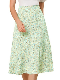 Women's Floral Midi Skirt Peasant Elastic Waist A-Line Ditsy Leave Print Skirts