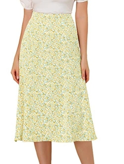 Women's Floral Midi Skirt Peasant Elastic Waist A-Line Ditsy Leave Print Skirts