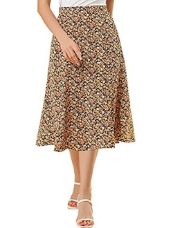 Women's Floral Midi Skirt Peasant Elastic Waist A-Line Ditsy Leave Print Skirts