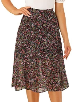 Women's Floral Midi Skirt Peasant Elastic Waist A-Line Ditsy Leave Print Skirts