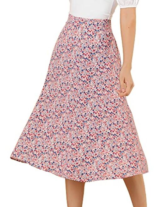 Allegra K Women's Floral Midi Skirt Peasant Elastic Waist A-Line Ditsy Leave Print Skirts