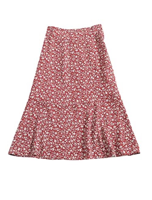 Allegra K Women's Floral Midi Skirt Peasant Elastic Waist A-Line Ditsy Leave Print Skirts