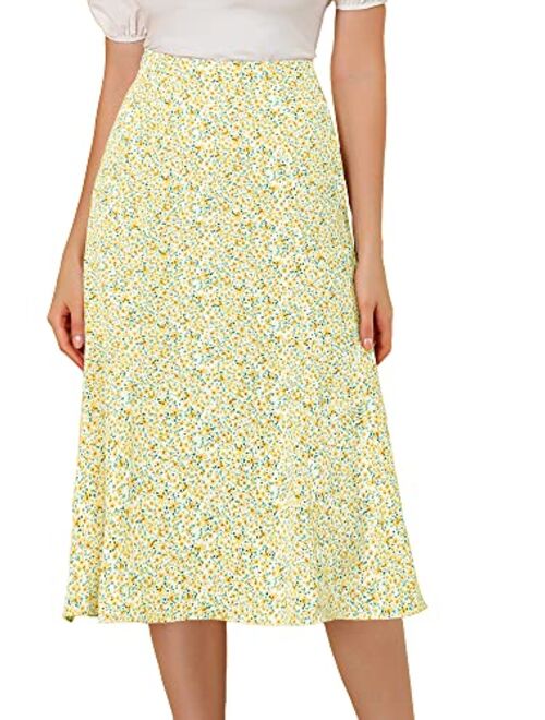 Allegra K Women's Floral Midi Skirt Peasant Elastic Waist A-Line Ditsy Leave Print Skirts