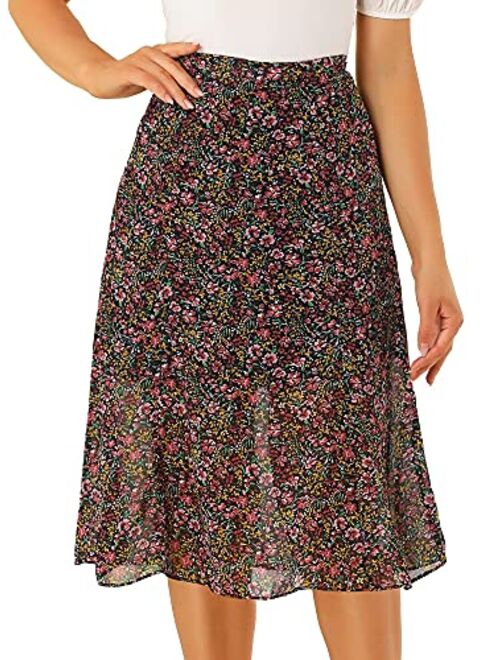 Allegra K Women's Floral Midi Skirt Peasant Elastic Waist A-Line Ditsy Leave Print Skirts