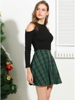 Women's Tartan Plaid High Waist Zip Up Flowy A-Line Casual Skater Pleated Skirt