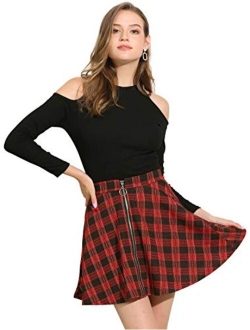 Women's Tartan Plaid High Waist Zip Up Flowy A-Line Casual Skater Pleated Skirt