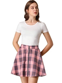 Women's Tartan Plaid High Waist Zip Up Flowy A-Line Casual Skater Pleated Skirt