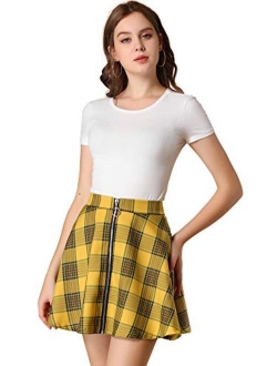 Women's Tartan Plaid High Waist Zip Up Flowy A-Line Casual Skater Pleated Skirt