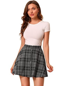 Women's Tartan Plaid High Waist Zip Up Flowy A-Line Casual Skater Pleated Skirt