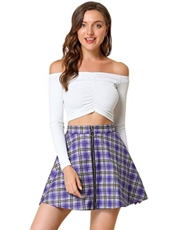 Women's Tartan Plaid High Waist Zip Up Flowy A-Line Casual Skater Pleated Skirt