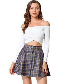 Women's Tartan Plaid High Waist Zip Up Flowy A-Line Casual Skater Pleated Skirt