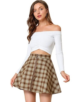 Women's Tartan Plaid High Waist Zip Up Flowy A-Line Casual Skater Pleated Skirt