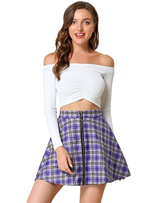 Allegra K Women's Tartan Plaid High Waist Zip Up Flowy A-Line Casual Skater Pleated Skirt