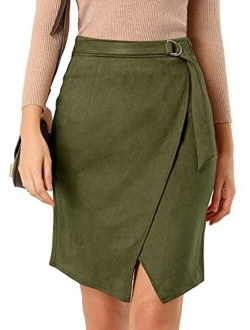 Women's A-Line Knee Length Front Slit Wrap Faux Suede Skirt