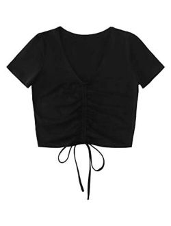 Women's V Neck Short Sleeve Drawstring Front Solid Crop Tops