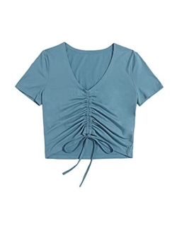 Women's V Neck Short Sleeve Drawstring Front Solid Crop Tops