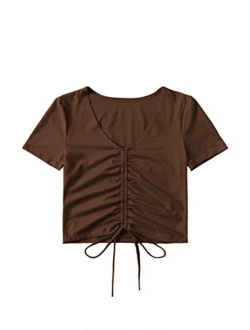 Women's V Neck Short Sleeve Drawstring Front Solid Crop Tops