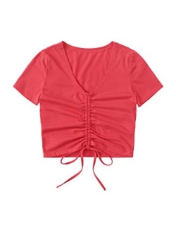 Women's V Neck Short Sleeve Drawstring Front Solid Crop Tops