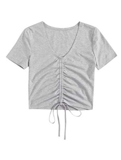 Women's V Neck Short Sleeve Drawstring Front Solid Crop Tops