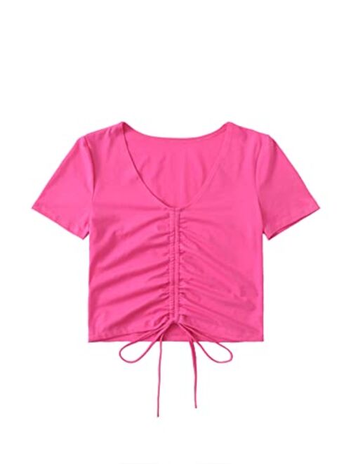 SheIn Women's V Neck Short Sleeve Drawstring Front Solid Crop Tops