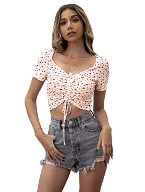 SheIn Women's V Neck Short Sleeve Drawstring Front Solid Crop Tops