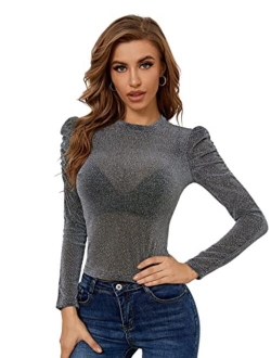 Women's Long Sleeve Round Neck Mutton Puff Peplum Top Blouse