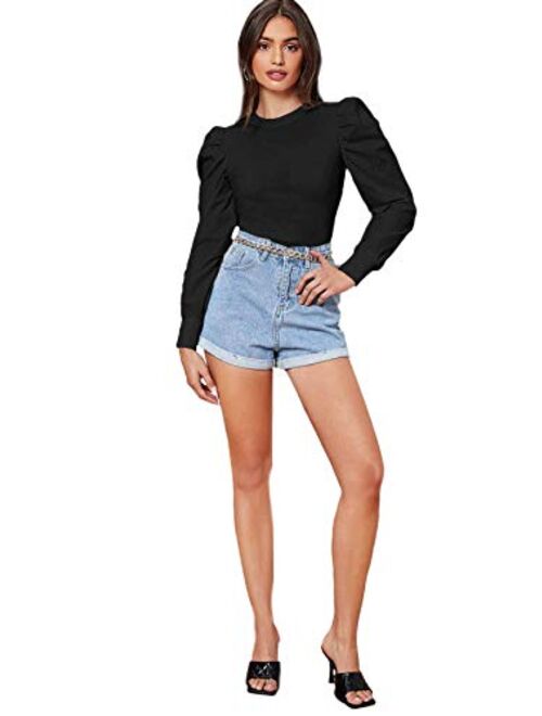 SheIn Women's Long Sleeve Round Neck Mutton Puff Peplum Top Blouse