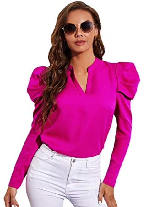 SheIn Women's Long Sleeve Round Neck Mutton Puff Peplum Top Blouse