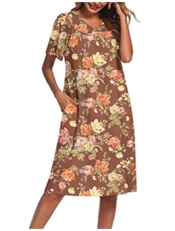 Women's Nightgown Short Sleeve Lounger House Dress-Floral Mumu Patio Dress with Pockets S-XXXL