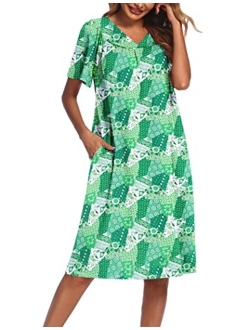 Women's Nightgown Short Sleeve Lounger House Dress-Floral Mumu Patio Dress with Pockets S-XXXL