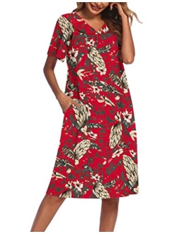 Women's Nightgown Short Sleeve Lounger House Dress-Floral Mumu Patio Dress with Pockets S-XXXL