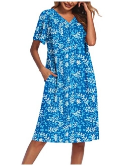 Women's Nightgown Short Sleeve Lounger House Dress-Floral Mumu Patio Dress with Pockets S-XXXL