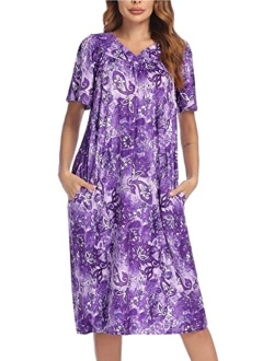 Women's Nightgown Short Sleeve Lounger House Dress-Floral Mumu Patio Dress with Pockets S-XXXL