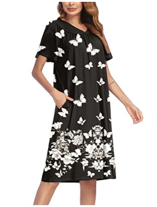 Ekouaer Women's Nightgown Short Sleeve Lounger House Dress-Floral Mumu Patio Dress with Pockets S-XXXL