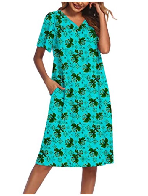 Ekouaer Women's Nightgown Short Sleeve Lounger House Dress-Floral Mumu Patio Dress with Pockets S-XXXL