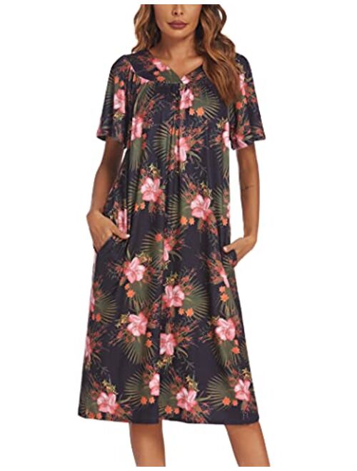 Ekouaer Women's Nightgown Short Sleeve Lounger House Dress-Floral Mumu Patio Dress with Pockets S-XXXL