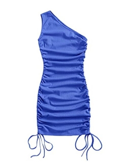 Women's One Shoulder Ruched Mini Bodycon Dress Sleeveless Drawstring Short Dresses