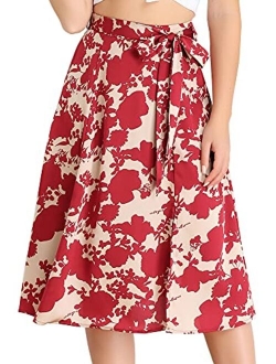 Women's Slits Front High Waist A-Line Belted Floral Flowy Midi Skirt