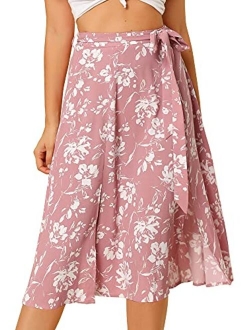 Women's Slits Front High Waist A-Line Belted Floral Flowy Midi Skirt