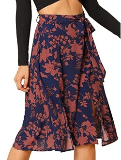 Women's Slits Front High Waist A-Line Belted Floral Flowy Midi Skirt