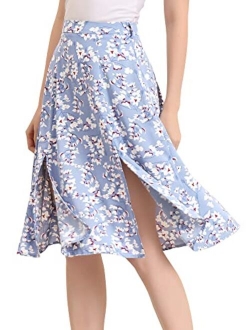 Women's Slits Front High Waist A-Line Belted Floral Flowy Midi Skirt