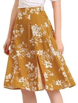 Women's Slits Front High Waist A-Line Belted Floral Flowy Midi Skirt