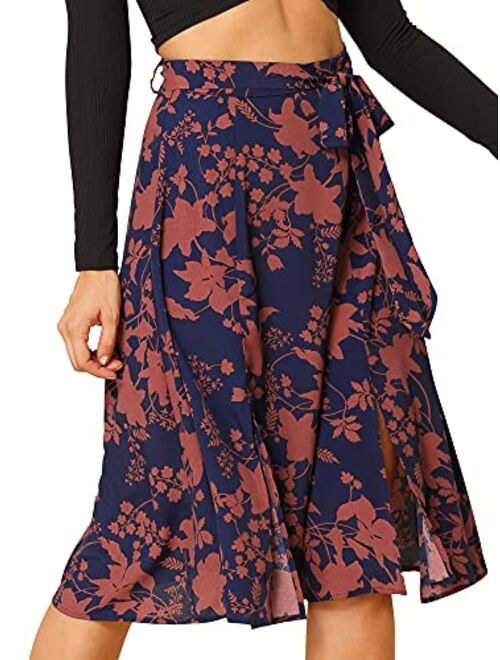 Allegra K Women's Slits Front High Waist A-Line Belted Floral Flowy Midi Skirt