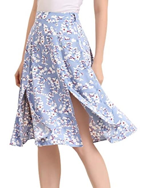 Allegra K Women's Slits Front High Waist A-Line Belted Floral Flowy Midi Skirt