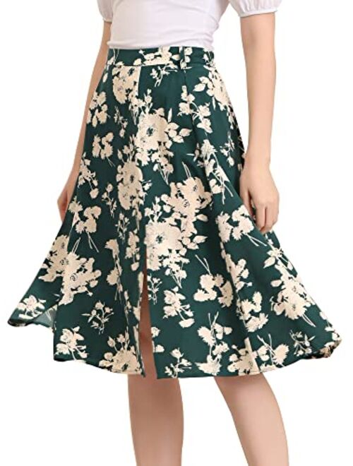 Allegra K Women's Slits Front High Waist A-Line Belted Floral Flowy Midi Skirt